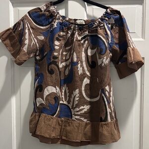 Chic Italian Linen Brown and Blue Patterned Blouse